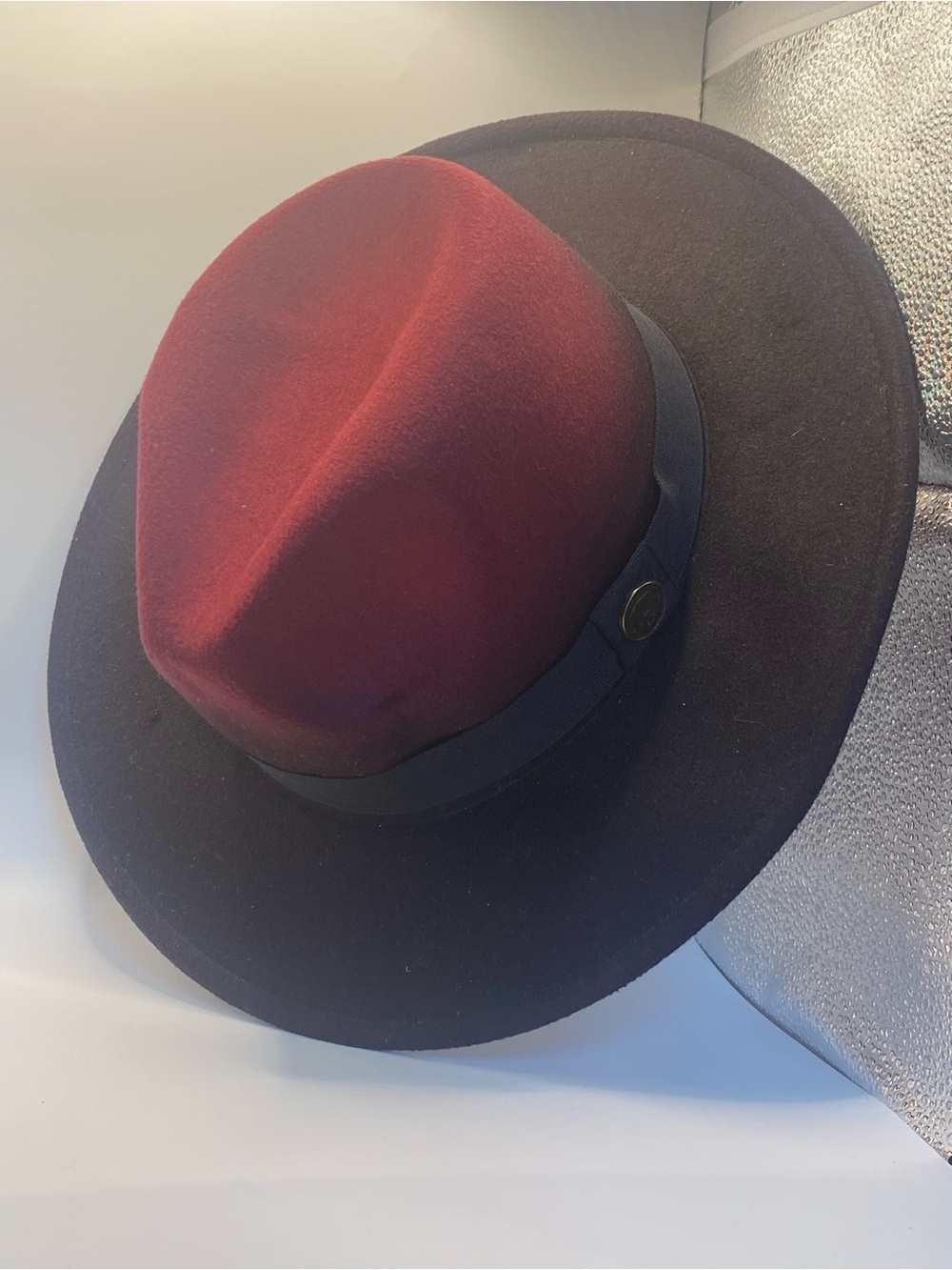 Women's or men’s Two-Tone Fedora Hat - Burgundy Crown, Black Brim